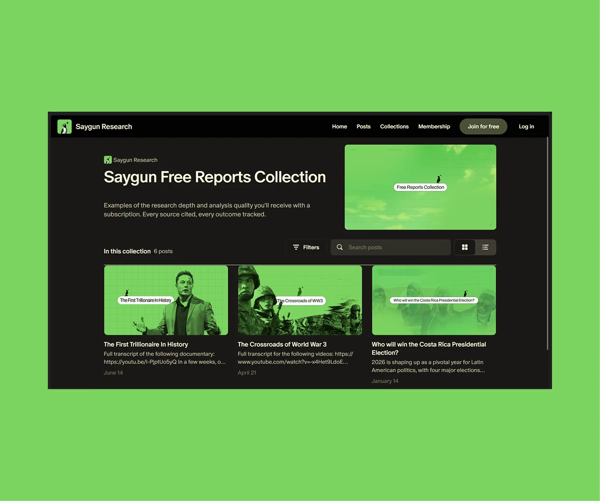 The Saygun free reports collection, showing report cards with cover images